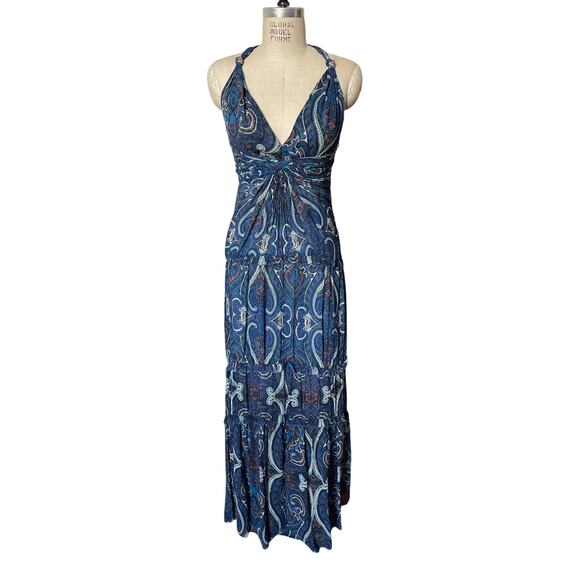 Intermix Mury 100% Silk Paisley Print Tiered Maxi Dress in Blue Boho Size Small - Picture 1 of 10
